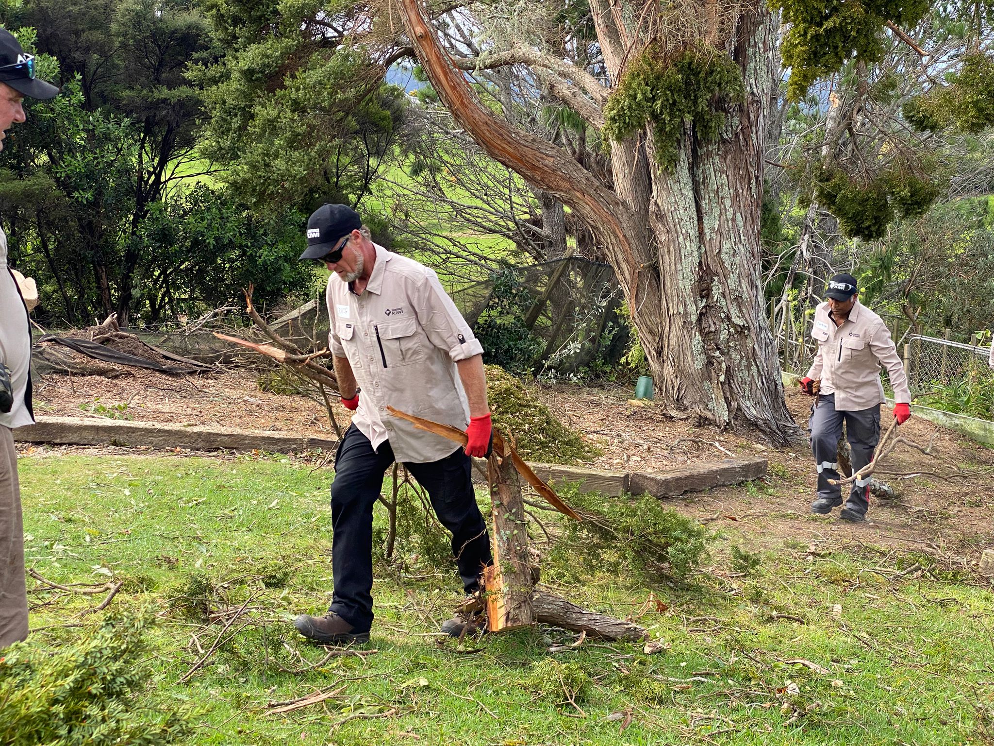 Two men in uniform and gloves carry green waste debris