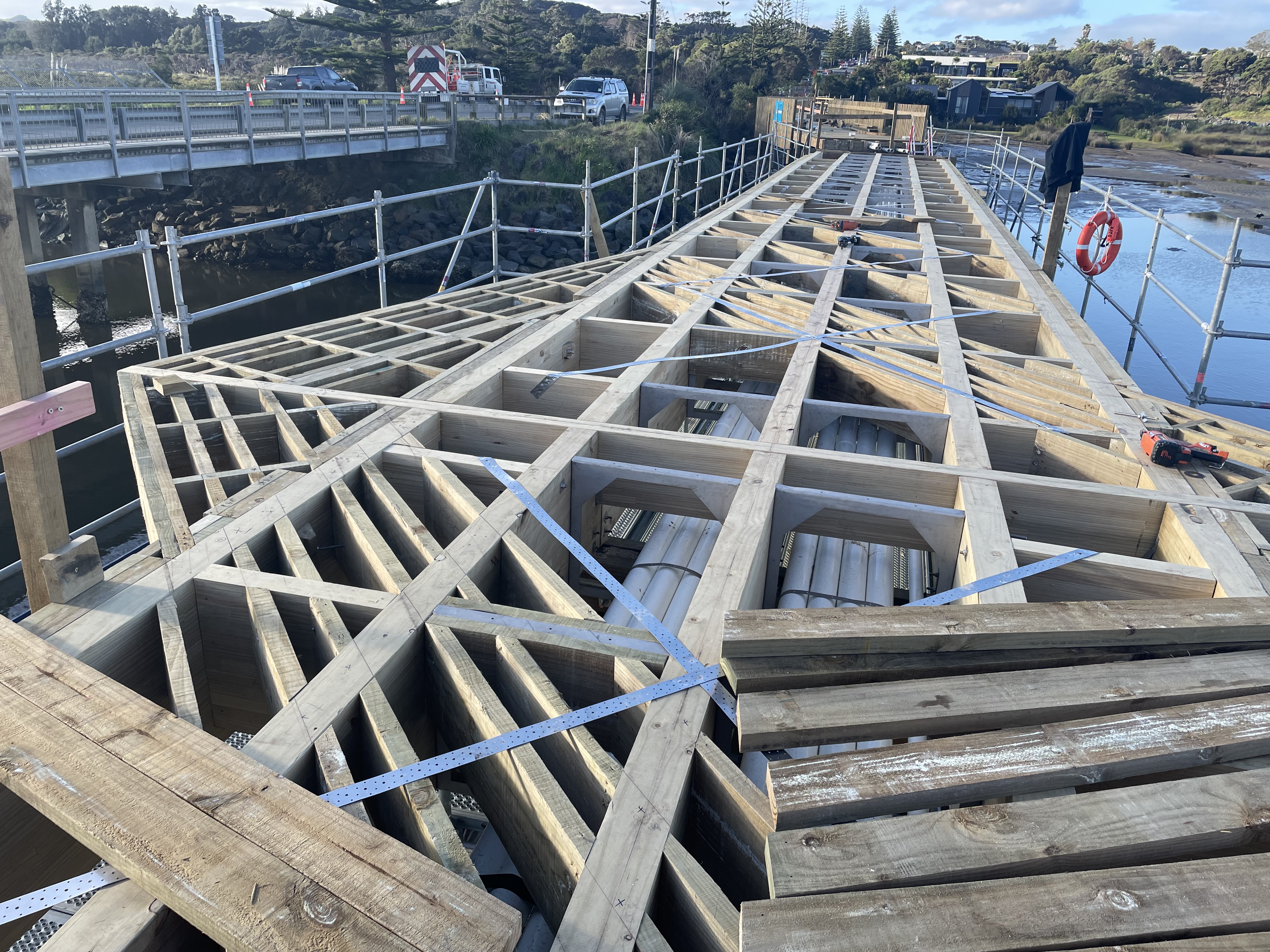 Photo showing the structural components of the Mangawhai shared path under construction. Works are expected to finish and the second phase of the shared path be open for public use in the first part of August 2023.